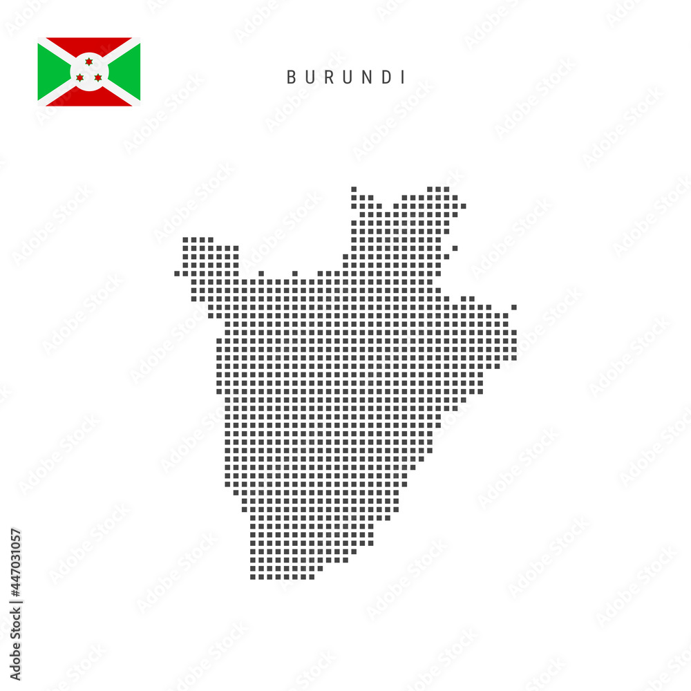 Square dots pattern map of Burundi. Burundian dotted pixel map with flag. Vector illustration