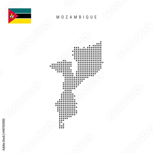 Square dots pattern map of Mozambique. Mozambican dotted pixel map with flag. Vector illustration
