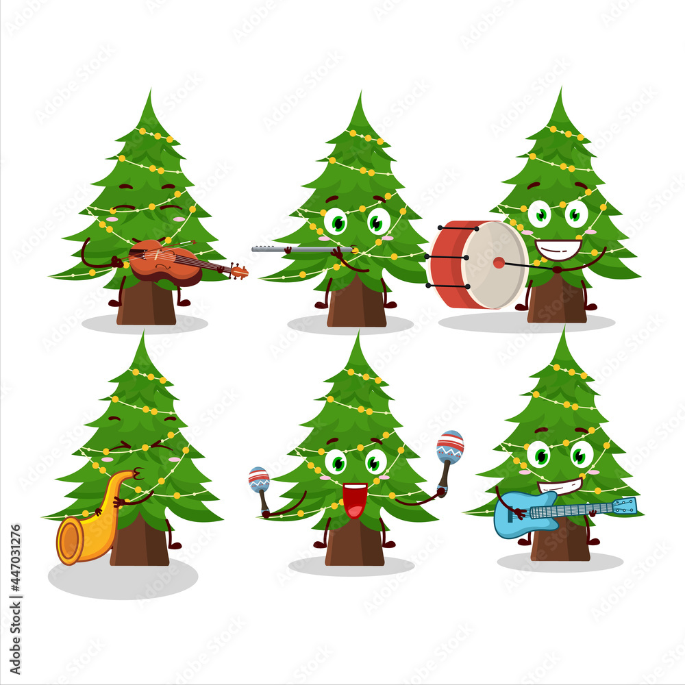 Cartoon character of christmas tree playing some musical instruments
