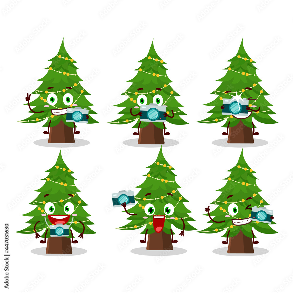 Photographer profession emoticon with christmas tree cartoon character