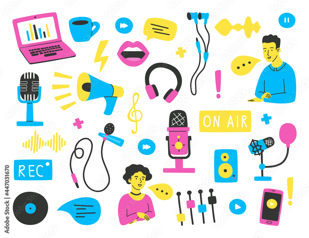 Set of hand drawn elements and phrases on the topic of recording podcasts, various microphones, podcast hosts, sound images. Set of hand drawn elements and phrases on the topic of recording podcasts, various microphones, podcast hosts, sound images.