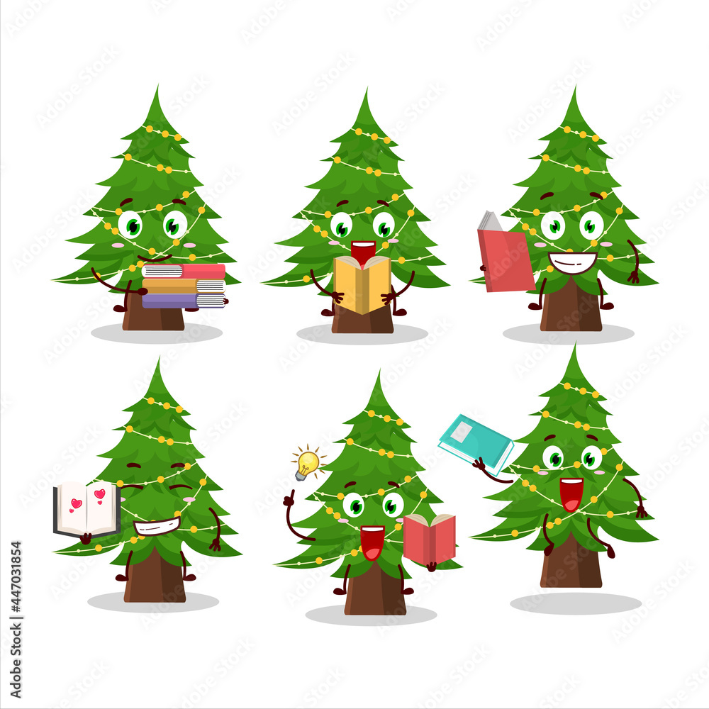A picture of christmas tree cartoon character concept reading an amusing book