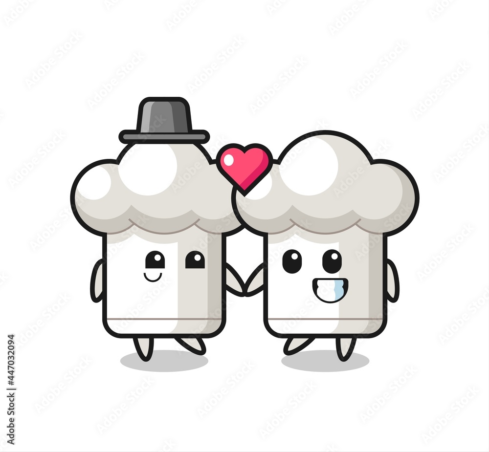 chef hat cartoon character couple with fall in love gesture