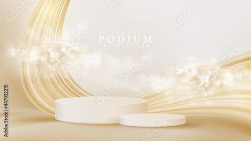 Realistic white product podium showcase with cloud and golden liquid on back. Luxury 3d style background concept. Vector illustration for promoting sales and marketing.