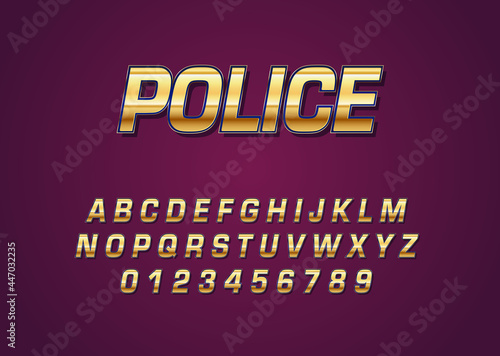 Police chrome gold style vector font with uppercase and digit number