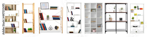 Φωτογραφία Set of stylish shelf units with decor on white background
