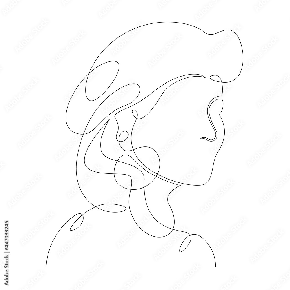 One continuous line
Female character professional artist painter in beret
One continuous drawing line logo isolated minimal illustration.