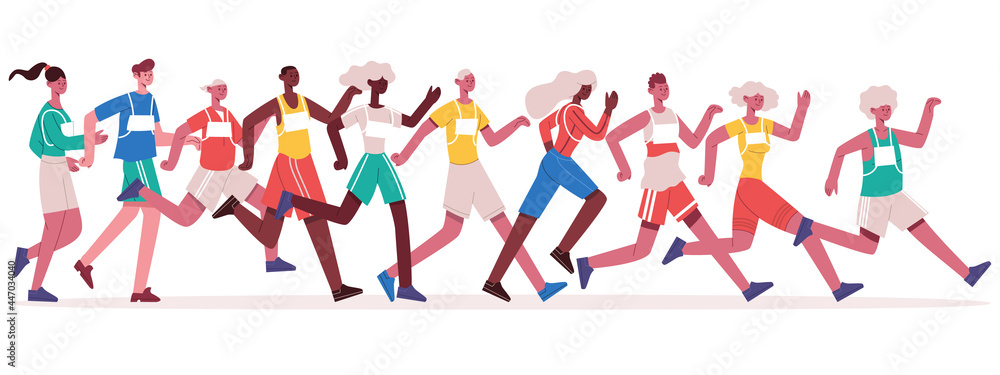 Marathon running people. Jogging athletes group, sprinting men and women isolated vector illustration. Marathon racing competition Marathon running people. Jogging athletes group, sprinting men and women isolated vector illustration. Marathon racing competition
