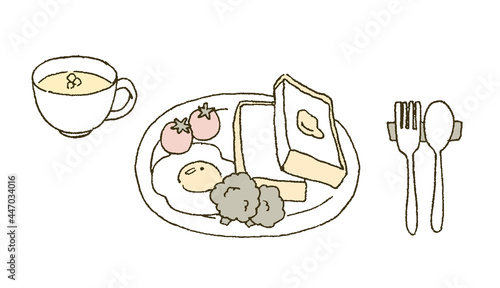洋食の朝ご飯のプレートのイラストレーション 