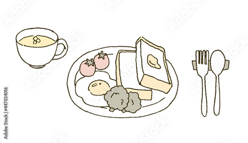 洋食の朝ご飯のプレートのイラストレーション
