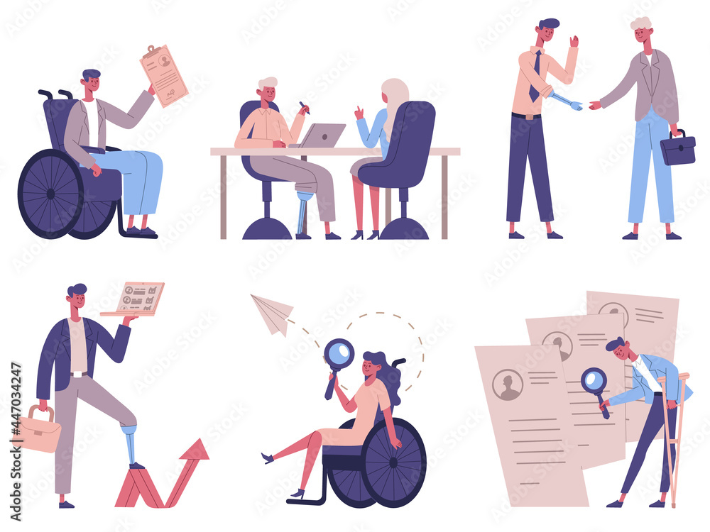 Disabled people hiring. Handicapped characters business process, invalid male and female persons recruitment vector illustration set. Disability employers