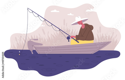 Fisherman fishing in boat. Male outdoor activity, fisherman character with rod waiting for fish biting vector illustration set. Fishing sport recreation