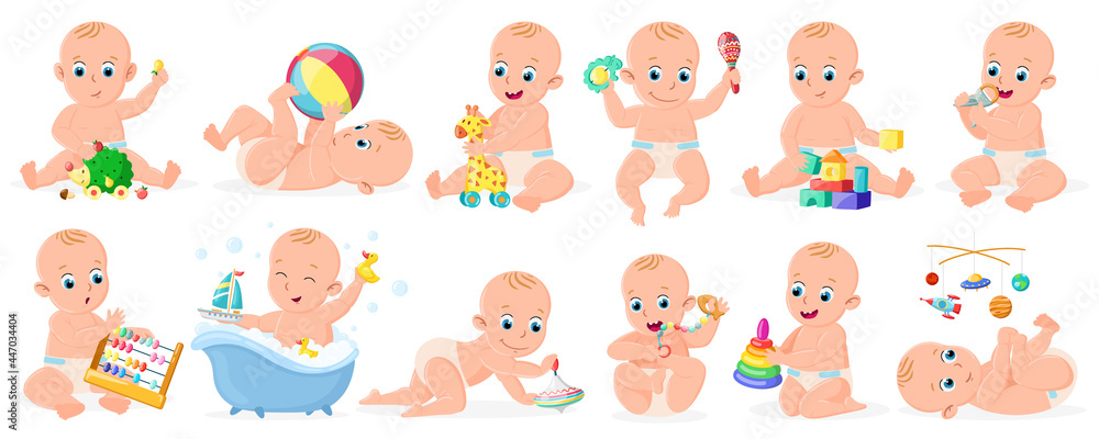 Fototapeta premium Playing babies. Cute infant baby boy or girl playing with ball, pyramid and boat isolated vector illustration set. Cheerful toddler babies activity