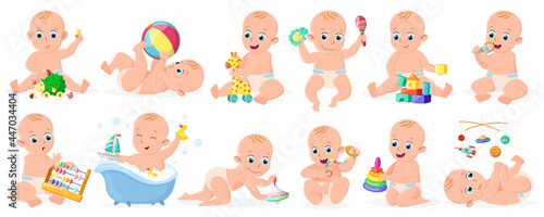 Playing babies. Cute infant baby boy or girl playing with ball, pyramid and boat isolated vector illustration set. Cheerful toddler babies activity