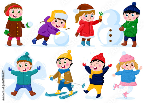 Winter children activities. Snow outdoor activity, happy little girls and boys making snowman and skiing vector illustration set. Christmas outdoor games