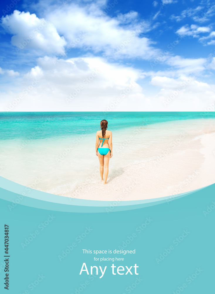 Attractive young woman in swimsuit relaxing on the beach. Girl having summer vacation. Holidays and traveling concept with copy-space. Attractive young woman in swimsuit relaxing on the beach. Girl having summer vacation. Holidays and traveling concept with copy-space.