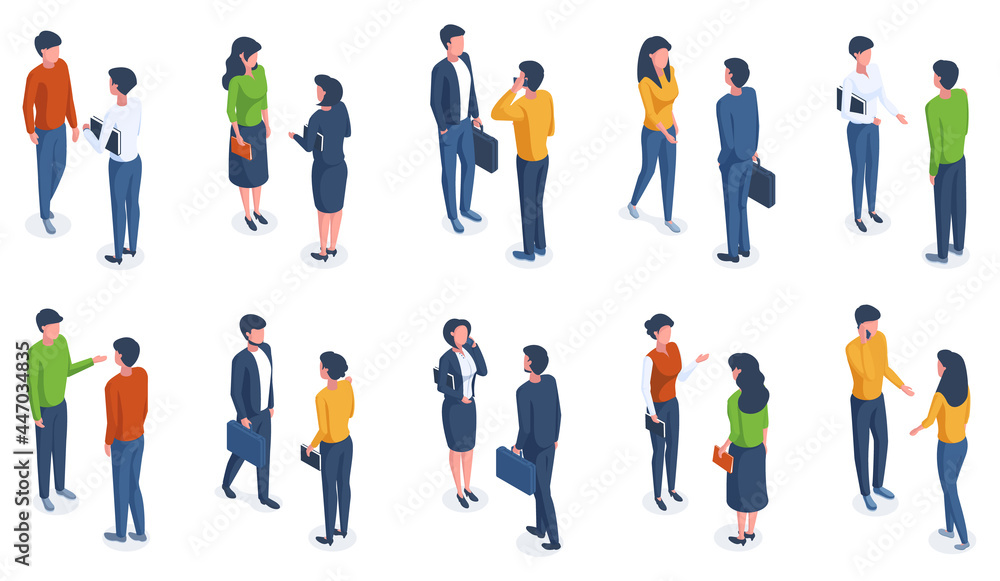 Isometric people. Male and female adult 3d isometric characters in casual clothes and different poses vector illustration set. Trendy isometric people