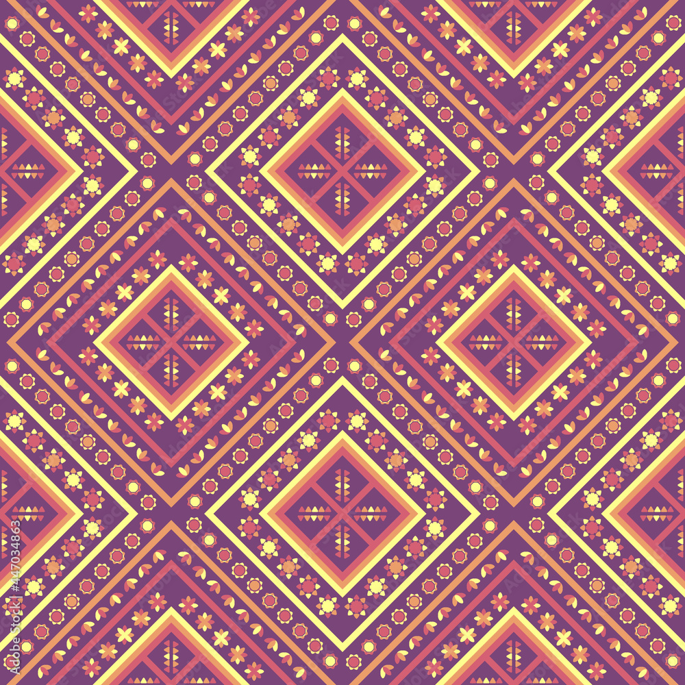 ethnics geometric yellow seamless in purple background for fabric