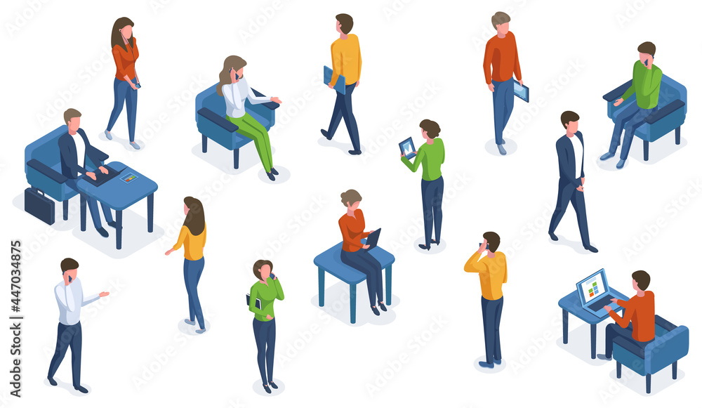 Isometric people with gadgets. Office characters working with smartphones, laptops and tablets vector illustration set. Business people and gadgets