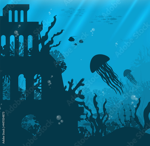 Underwater background with various sea views. Underwater scene. Cute sea fishes ocean underwater animals. Undersea bottom with corals seaweeds 