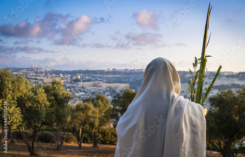 Fotografiet Succot (Feast of Tabernacles) in Jerusalem: Jewish man in a Tallit praying while