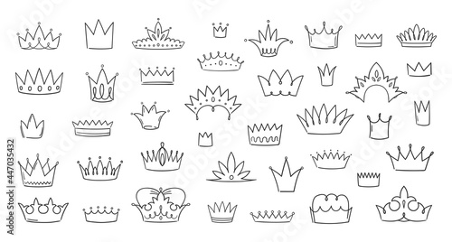 Doodle crowns. Hand drawn king and queen symbols. Urban street grunge elements. Simple tiara sketches collection. Luxury headwear silhouettes. Monarch jewelry. Vector heraldic logos set