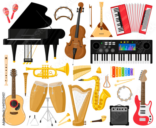 Musical instruments. Cartoon music band instruments, piano, drums, harp and synthesiser vector symbols set. Orchestra or classical music instrument