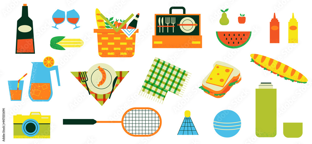Picnic set. Wicker straw basket with fruits and drinks. Family weekend and summer party collection. Blanket and dinnerware. Food or refreshing beverages. Vector outdoor vacation tools