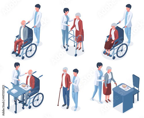 Isometric 3d old people medical help care. Senior people medical therapy, elderly patient nursing vector illustration set. Elderly people care
