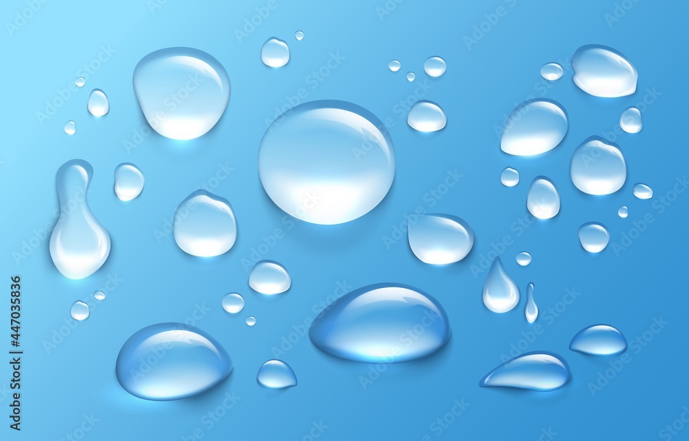 Realistic water drop. Transparent aqua splashes and droplets. Clean and fresh water condensation on surface. Isolated drips templates. Liquid flow. Vector round raindrop with reflection