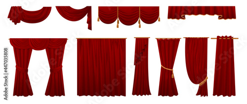 Red curtains. Cartoon window interior decoration elements. Velvet fabric and luxury kitchen textile. Theater stage and opera scene drapery. Hanging cloth. Vector drape templates set