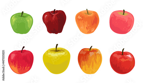 Cartoon apples. Summer red green and yellow sweet ripe fruits from orchard. Healthy organic juicy whole products collection on white. Vegan vitamin nutrition. Vector natural food set