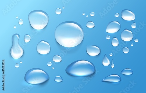 Realistic water drop. Transparent aqua splashes and droplets. Clean and fresh water condensation on surface. Isolated drips templates. Liquid flow. Vector round raindrop with reflection