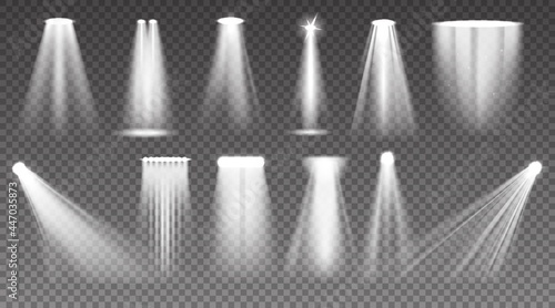 Realistic spotlight. Shiny light ray and stage projector beam. Glow effects. Bright transparent lamp and white sun glitter. Luminous floodlight templates. Vector scene lighting set