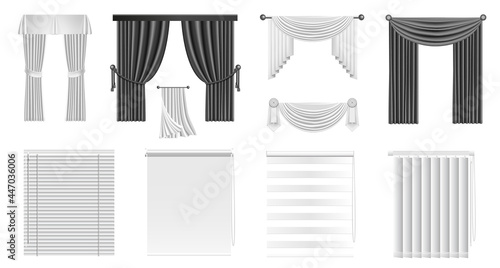 Blind curtains. Realistic window vertical roll and interior drapery mockup. Plastic and aluminum sunshade. Living room elegant drape. Isolated hanging textile. Vector closed jalousie set
