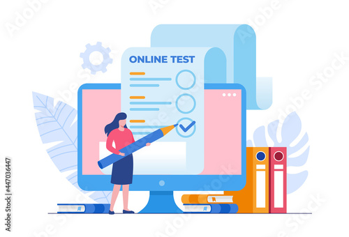 Female student passing online test and checking answers. Flat vector illustration