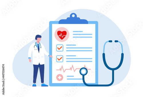 Doctor with stethoscope and form, medical insurance concept flat vector illustration banner and landing page