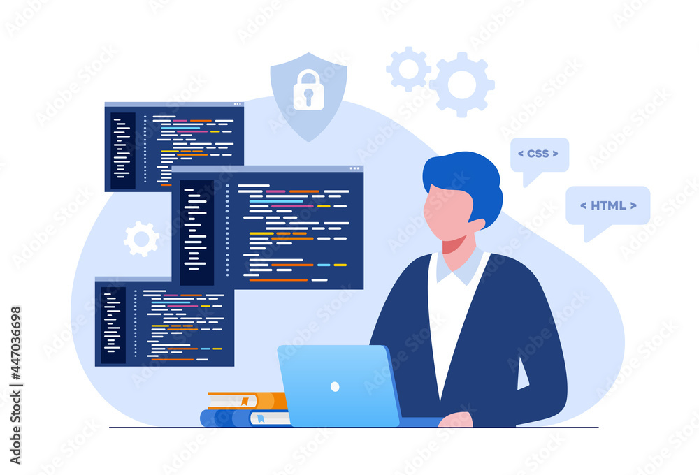 Web development. programming languages. css, html, it, ui. programmer cartoon character developing website, coding. flat illustration banner Web development. programming languages. css, html, it, ui. programmer cartoon character developing website, coding. flat illustration banner