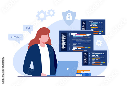 Web development. programming languages. css, html, it, ui. programmer cartoon character developing website, coding. flat illustration banner
