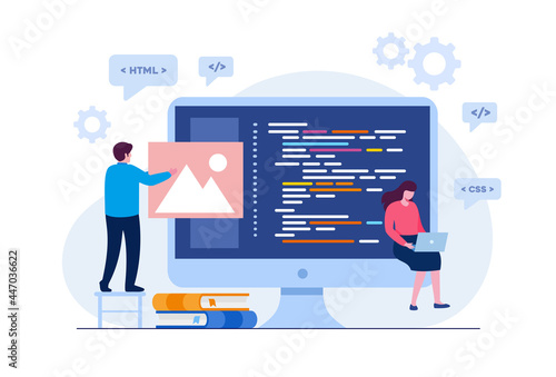 Web development. programming languages. css, html, it, ui. programmer cartoon character developing website, coding. flat illustration banner