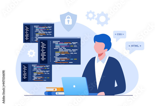 Web development. programming languages. css, html, it, ui. programmer cartoon character developing website, coding. flat illustration banner