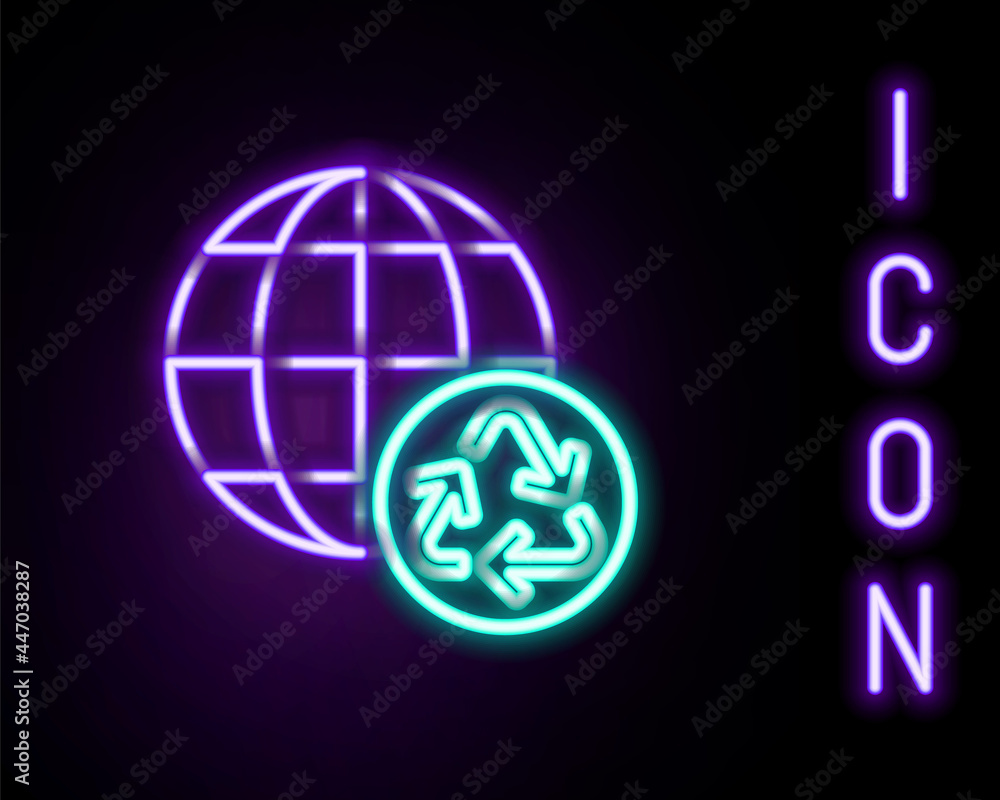 Glowing neon line Planet earth and a recycling icon isolated on black background. Environmental concept. Colorful outline concept. Vector Glowing neon line Planet earth and a recycling icon isolated on black background. Environmental concept. Colorful outline concept. Vector