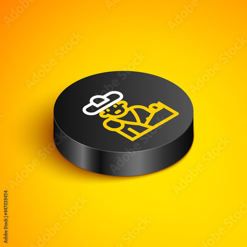 Isometric line Spain bullfight, matador icon isolated on yellow background. Traditional Spanish entertainment. Black circle button. Vector