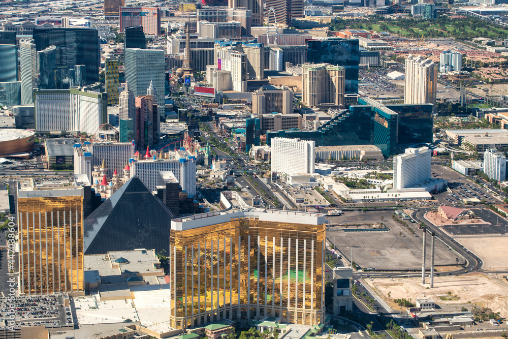 Amazing aerial view of The Strip in Las Vegas with city skyline in summer season.