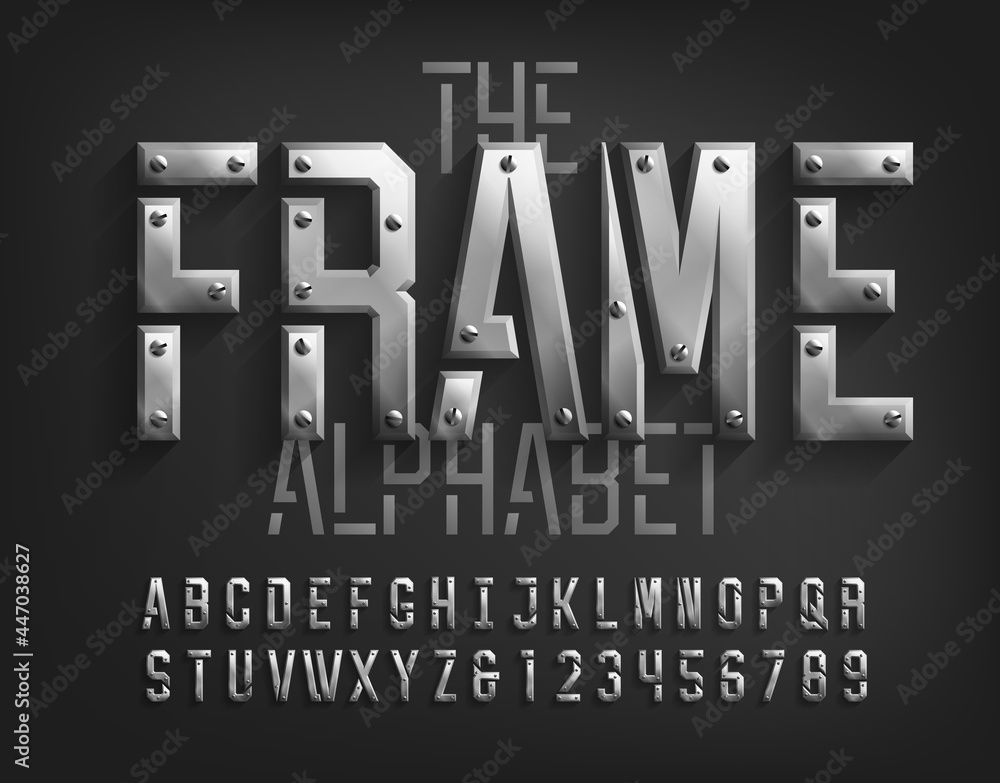 Frame alphabet font. Beveled metal letters and numbers with screws