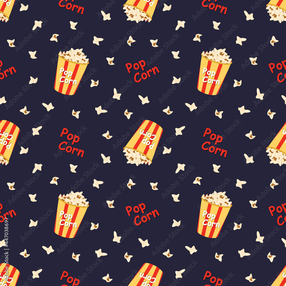Bright seamless pattern with a festive box with popcorn, words and spot. Cute print for cinema, theatre, film industry and holidays.