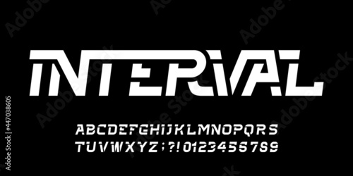 Interval alphabet font. Oblique letters and numbers for your logo or emblem. Stock vector typescript for typography design.