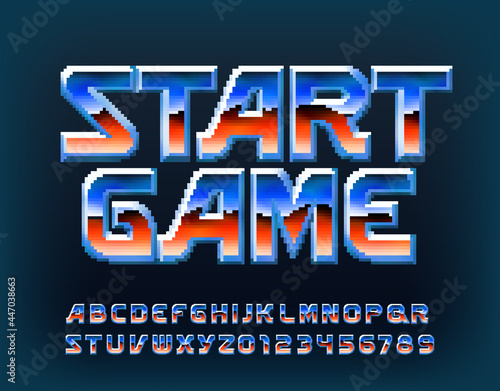 Start Game alphabet font. Pixel digital letters and numbers in early video game style. Stock vector typeface.