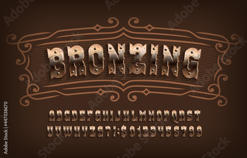 Bronzing alphabet font. Rusty letters and numbers with screws. Stock vector typescript for your design.