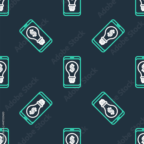 Line Business light bulb with dollar on smartphone screen icon isolated seamless pattern on black background. User touch screen. Vector